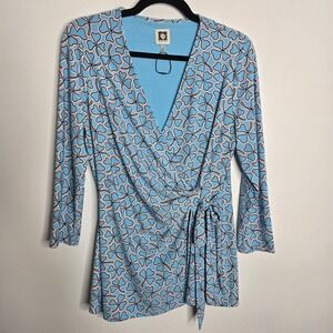 Anne Klein‎ Wrap Dress Womens Medium Blue Flower Print Tie Waist 70s Style Retro